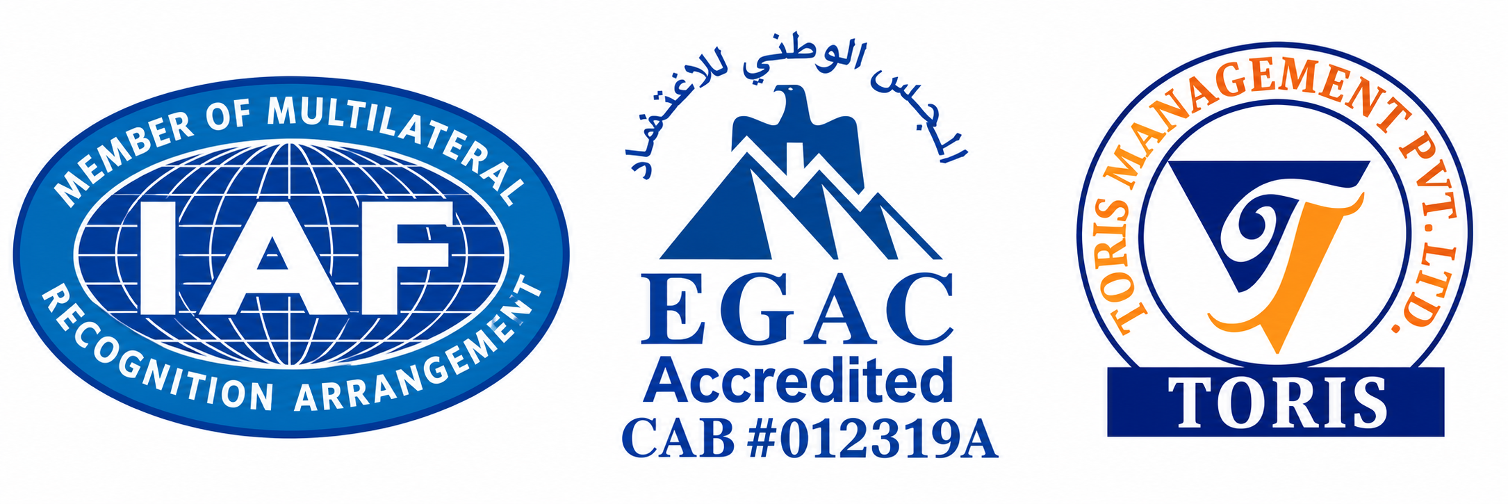 IAF Multilateral Recognition Arrangement, EGAC Accredited CAB #012319A and Toris Management certification marks