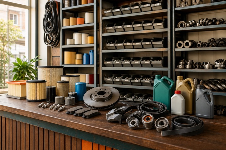 Filters, brake parts, belts, bearings and fluids organised at an auto spares counter