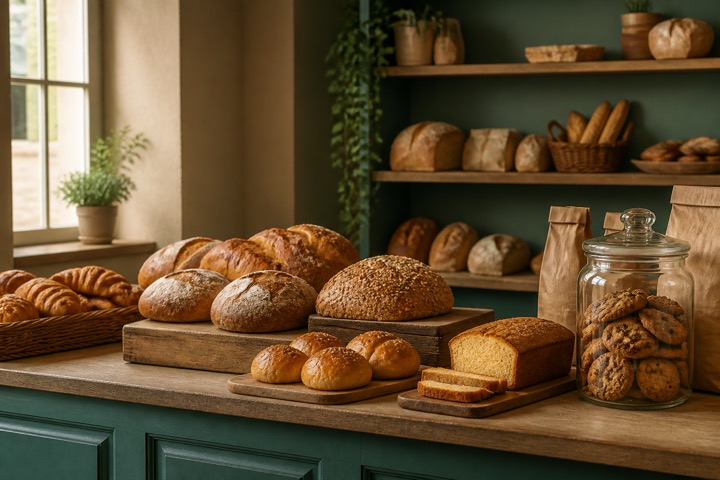 Fresh bread, buns, croissants, cake and cookies displayed at a bakery counter