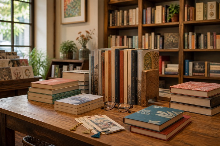 Hardcover and paperback books with bookmarks and reading glasses in an independent bookshop