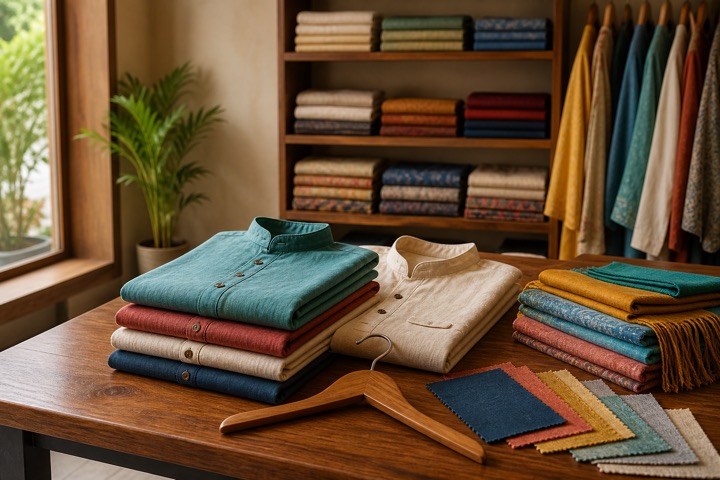 Folded kurtas, shirts, scarves and fabric samples displayed in a garment shop