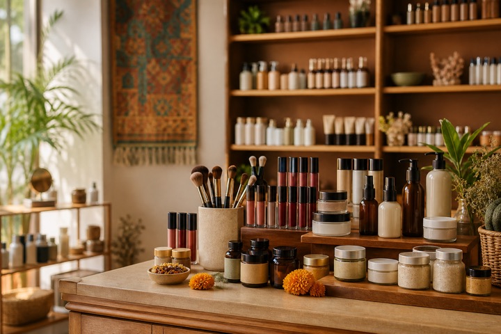 Skincare jars, personal-care bottles, lip colours and brushes displayed in a cosmetics store