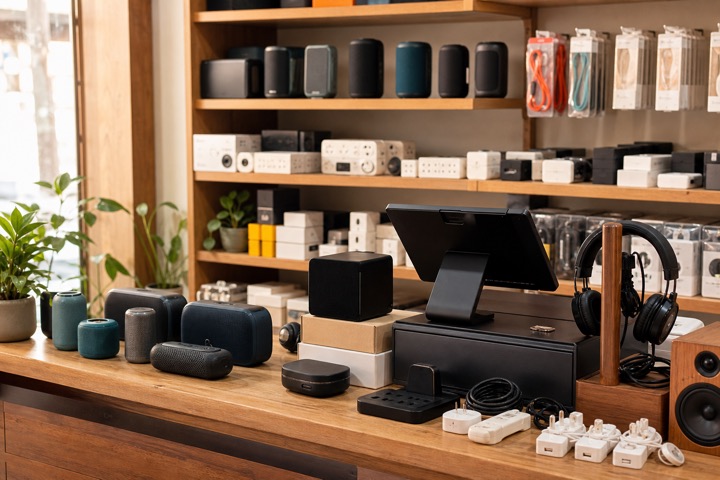 Speakers, power strips, cables and accessories displayed at an electronics store counter