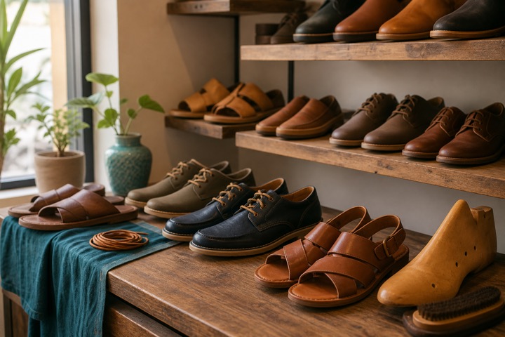 Sandals, casual shoes and shoe-care tools displayed in a footwear store