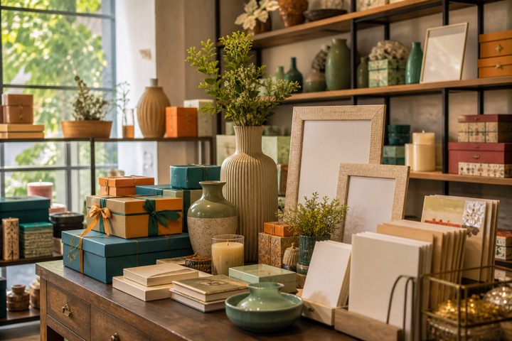 Gift boxes, photo frames, candles, vases and greeting cards arranged in a gift shop