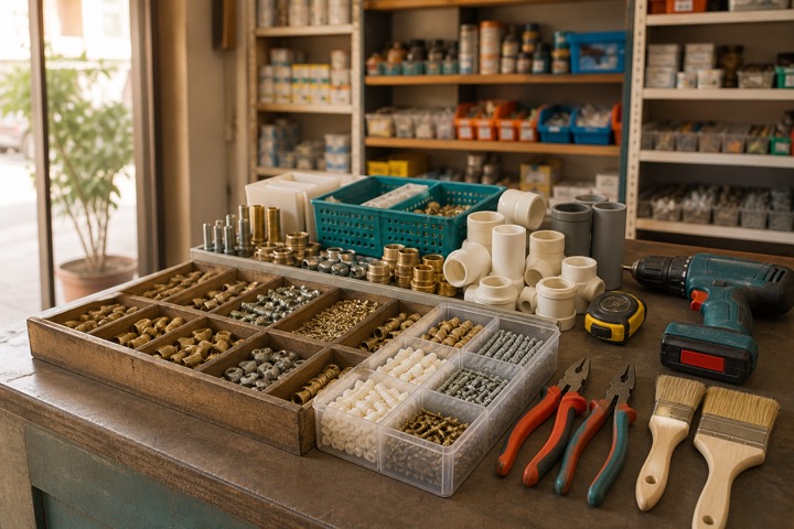 Fasteners, PVC fittings, tools and paint brushes organised at a hardware shop counter