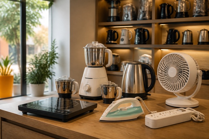 Mixer grinder, kettle, fan, induction cooktop and iron in a home appliance showroom