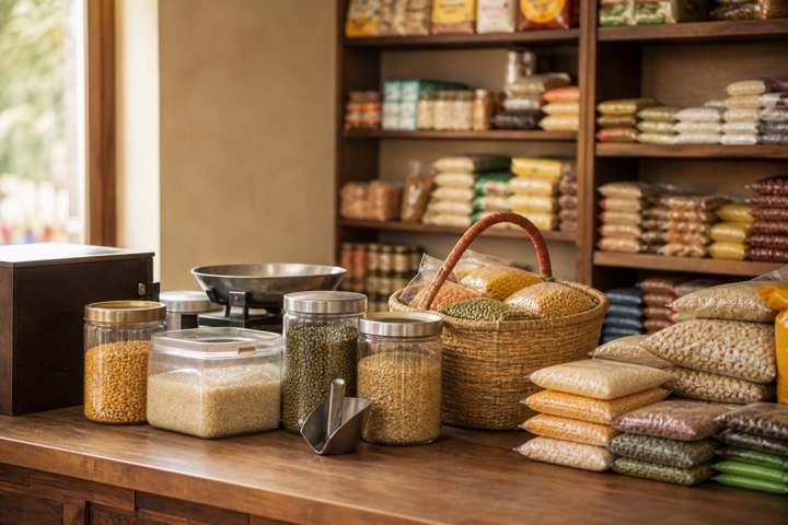 Grains, pulses, grocery packets and weighing tools arranged at a kirana store counter