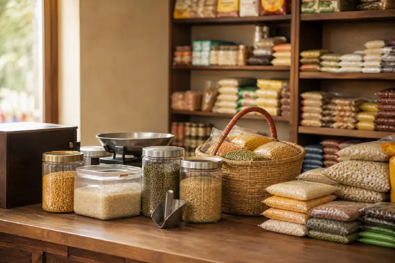 பருப்பு வகைகளின் ஜாடிகள், எடையுள்ள அளவுகோல் மற்றும் கையிருப்பில் வைக்கப்பட்டுள்ள அலமாரிகள் கொண்ட கிராணா கடை கவுண்டர்
