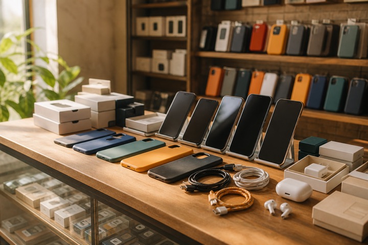 Smartphones, cases, charging cables and earbuds displayed at a mobile shop counter