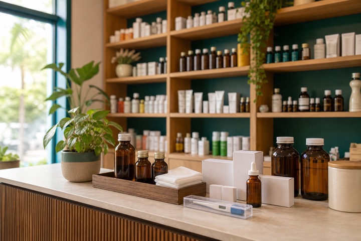 Medicine bottles, first-aid supplies and wellness products arranged at a pharmacy counter