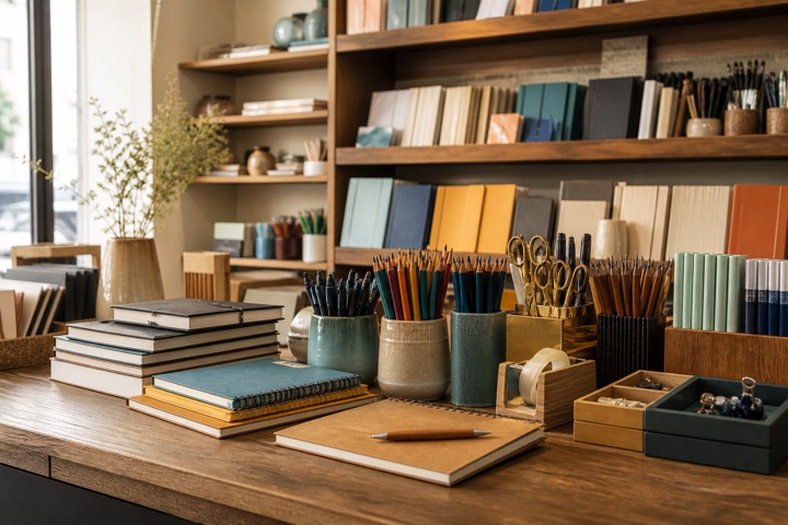 Notebooks, pens, pencils, scissors and desk organisers arranged in a stationery shop