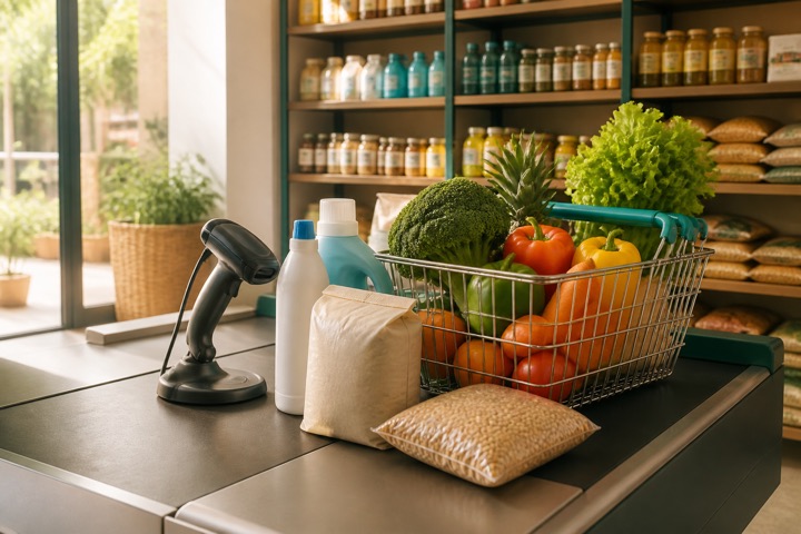 Fresh produce and household goods in a basket beside a supermarket barcode scanner