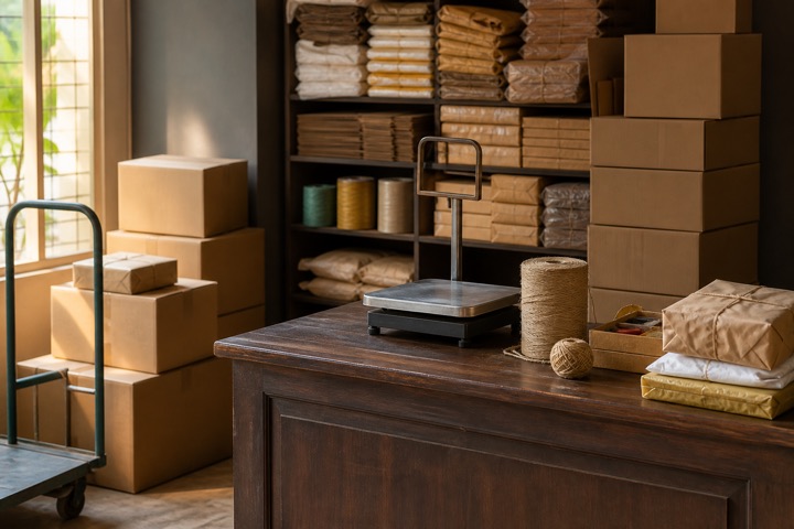 Packed cartons, bundled goods, a trolley and weighing scale in a wholesale stock room